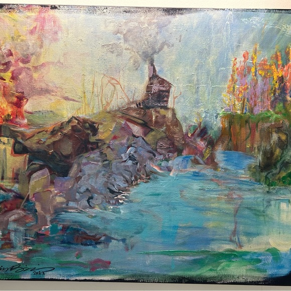 Original artwork oil and acrylic paint on canvas fantasy landscape 24x30” signed - Picture 2 of 5